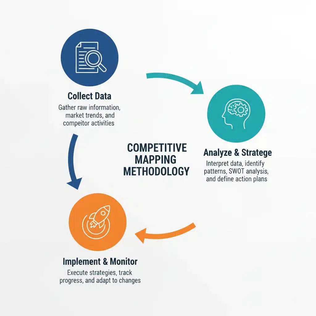 Infographie stylisée illustrant les trois étapes clés de la cartographie concurrentielle : collecte, analyse, mise en œuvre.