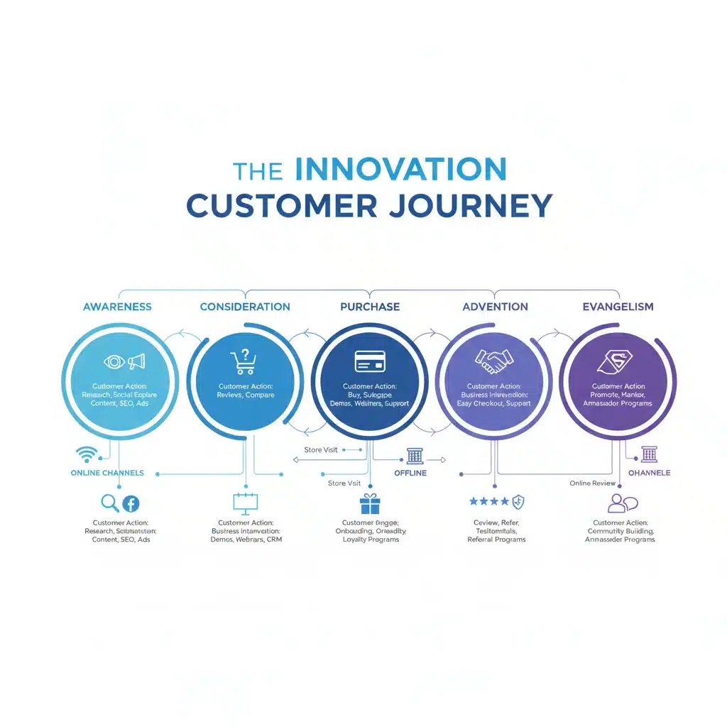 Infographie détaillée des étapes du parcours client avec interactions omnicanales.