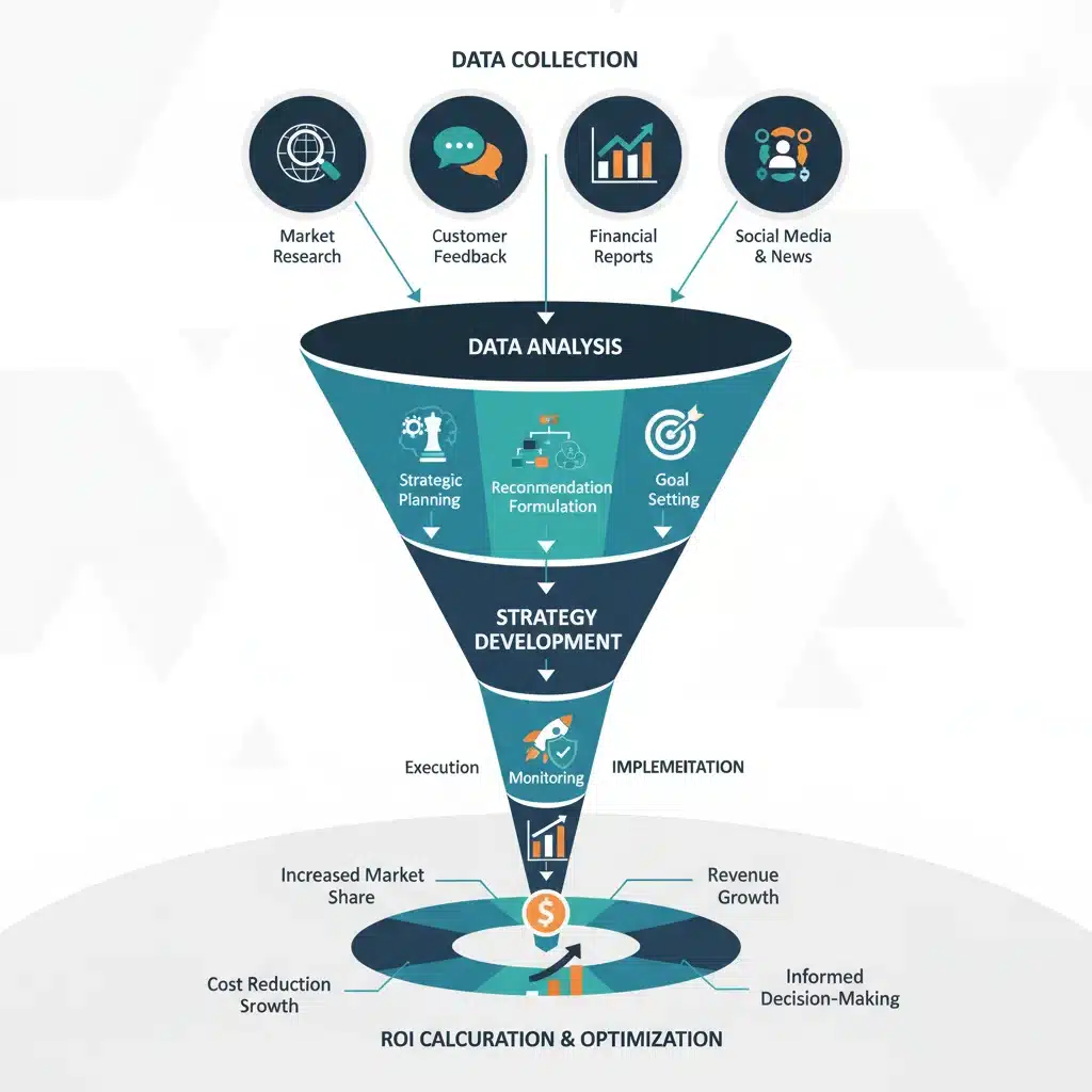 Infographie du processus d'analyse concurrentielle, de la collecte de données au calcul du ROI.