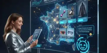 Interface de site e-commerce français avec chatbot IA amical et client satisfait, symbolisant l'augmentation de la satisfaction.