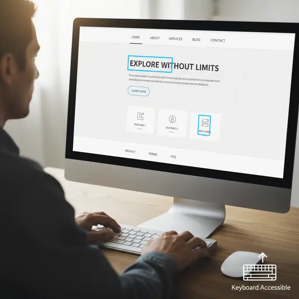 Utilisateur naviguant sur un site web avec le clavier, montrant des indicateurs de focus clairs, soulignant l'accessibilité clavier.