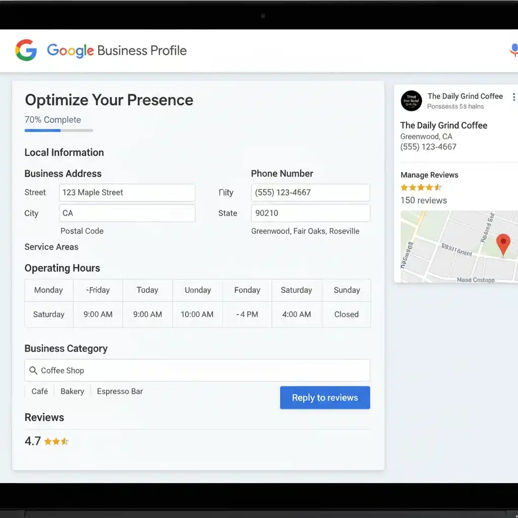 Capture d'écran d'un profil Google My Business optimisé pour le SEO local, avec des informations complètes et des avis clients.