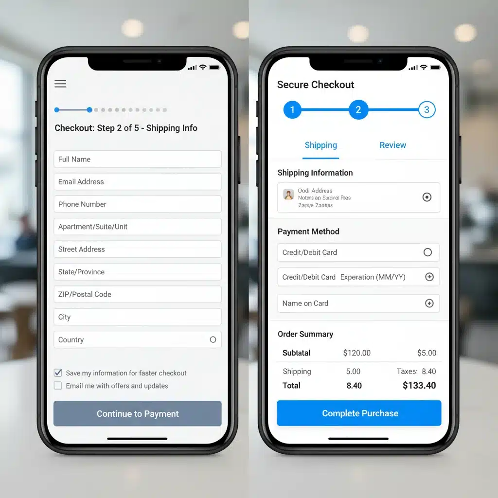 Comparaison entre un processus de paiement mobile complexe et simplifié.