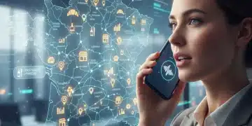 Illustration d'une personne utilisant la recherche vocale pour trouver des entreprises locales en France, symbolisant le SEO local vocal.