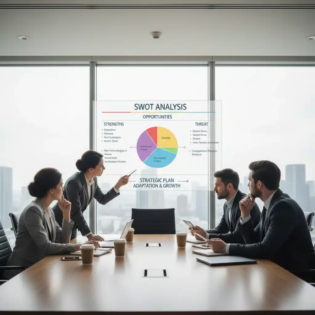Professionnels en réunion discutant d'un plan stratégique, symbolisant l'adaptation et la réactivité aux mouvements des rivaux.