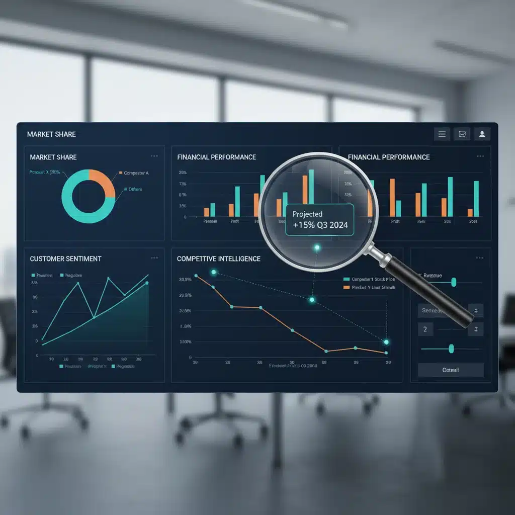 Tableau de bord d'analyse de données avec des graphiques de parts de marché et de sentiments clients, illustrant la veille concurrentielle.