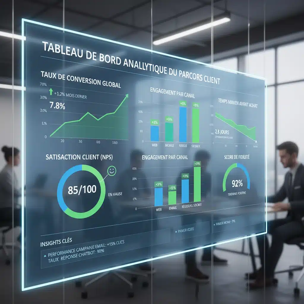 Tableau de bord d'analyse de données montrant des métriques clés de l'expérience client omnicanale et des taux de conversion.