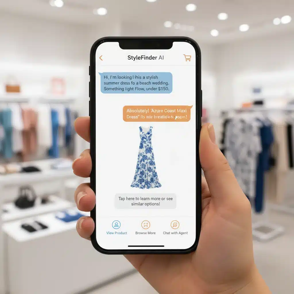 Interface de chatbot sur smartphone offrant des recommandations de produits personnalisées à un client.