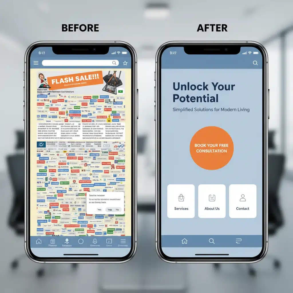 Comparaison avant-après d'un site web mobile optimisé pour une meilleure UX.