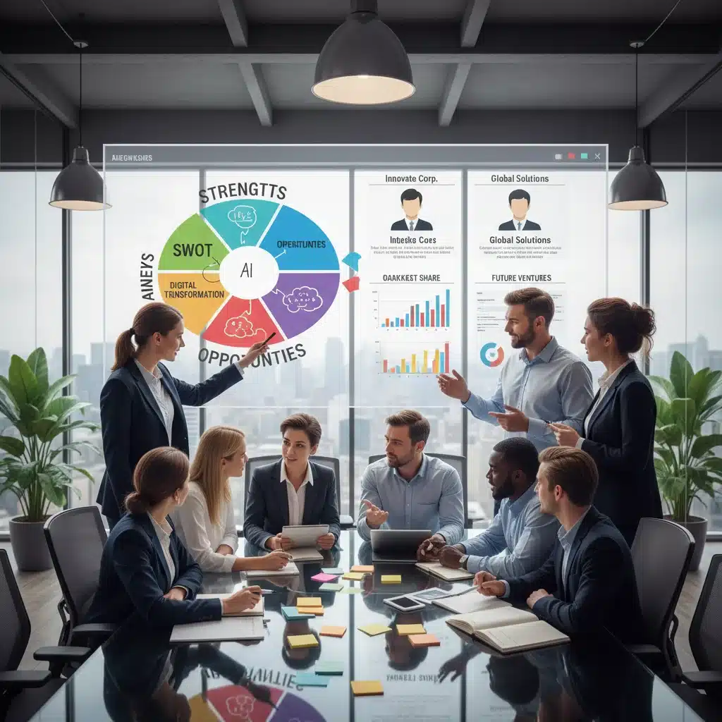 Équipe marketing collaborant sur une analyse SWOT et des profils concurrents pour une stratégie e-commerce.