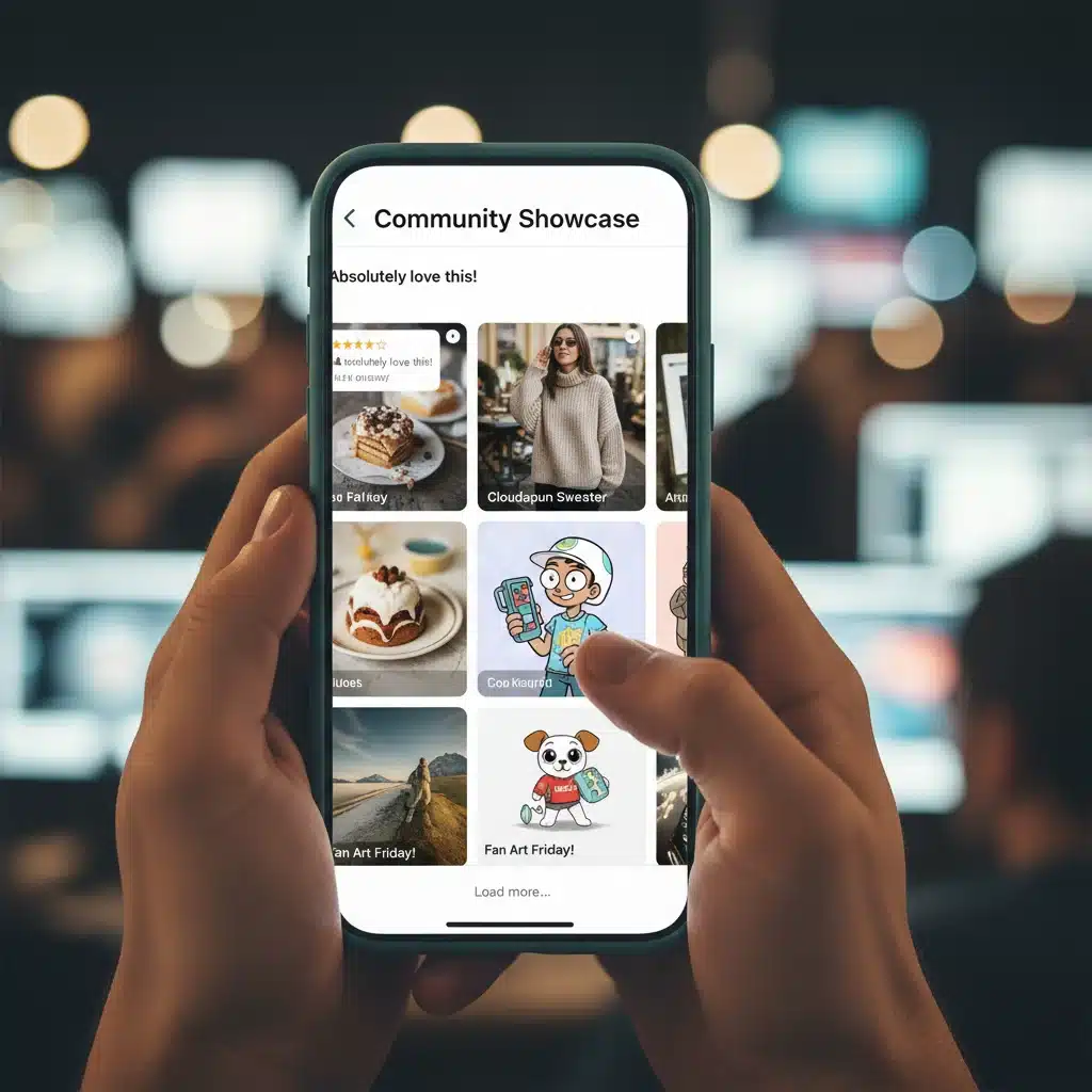Écran de smartphone affichant des avis clients et des photos de produits, illustrant le contenu généré par l'utilisateur.