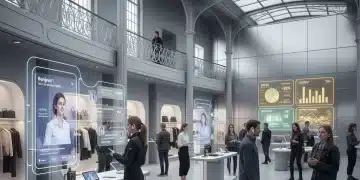 Clients interagissant avec des interfaces d'IA conversationnelle dans un magasin de détail moderne français, illustrant l'expérience omnicanal.