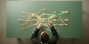 Une personne interagit avec une projection holographique complexe, montrant des flux de données omnicanaux interconnectés sur une surface mate teintée de vert, symbolisant l'expérience client unifiée.