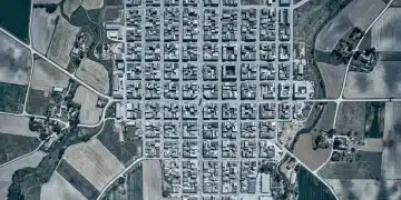 Vue aérienne d'un paysage où la ville quadrillée rencontre la campagne sinueuse, symbolisant l'analyse concurrentielle directe et indirecte pour les stratégies digitales.