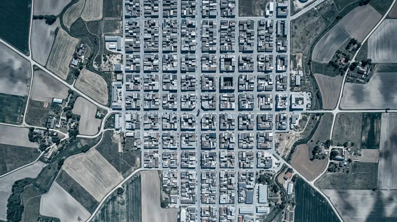Vue aérienne d'un paysage où la ville quadrillée rencontre la campagne sinueuse, symbolisant l'analyse concurrentielle directe et indirecte pour les stratégies digitales.