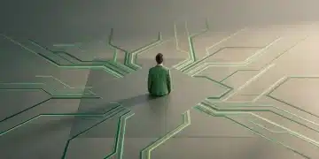 Une figure solitaire en veste verte se tient sur une plateforme grise, entourée de lignes lumineuses vertes représentant des stratégies concurrentielles sur un paysage digital abstrait.