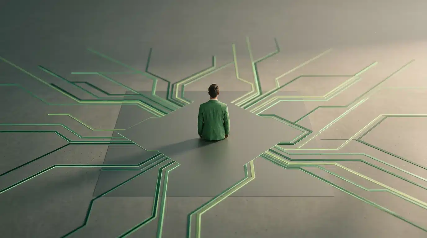 Une figure solitaire en veste verte se tient sur une plateforme grise, entourée de lignes lumineuses vertes représentant des stratégies concurrentielles sur un paysage digital abstrait.