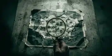 Main d'une personne tenant une loupe au-dessus d'une carte déchirée et mal assemblée sur une table en béton, symbolisant une analyse concurrentielle superficielle et des décisions stratégiques erronées.