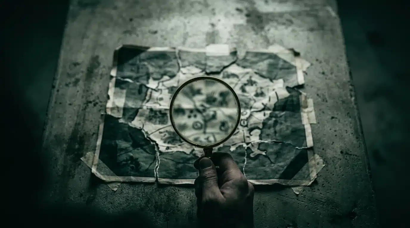 Main d'une personne tenant une loupe au-dessus d'une carte déchirée et mal assemblée sur une table en béton, symbolisant une analyse concurrentielle superficielle et des décisions stratégiques erronées.