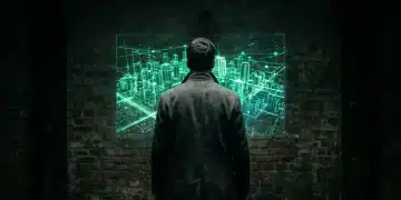 Une personne, vue de dos, examinant une projection holographique d'un réseau numérique complexe dans des tons verts froids, illustrant la réinterprétation des forces concurrentielles digitales. L'éclairage en clair-obscur crée un contraste dramatique.