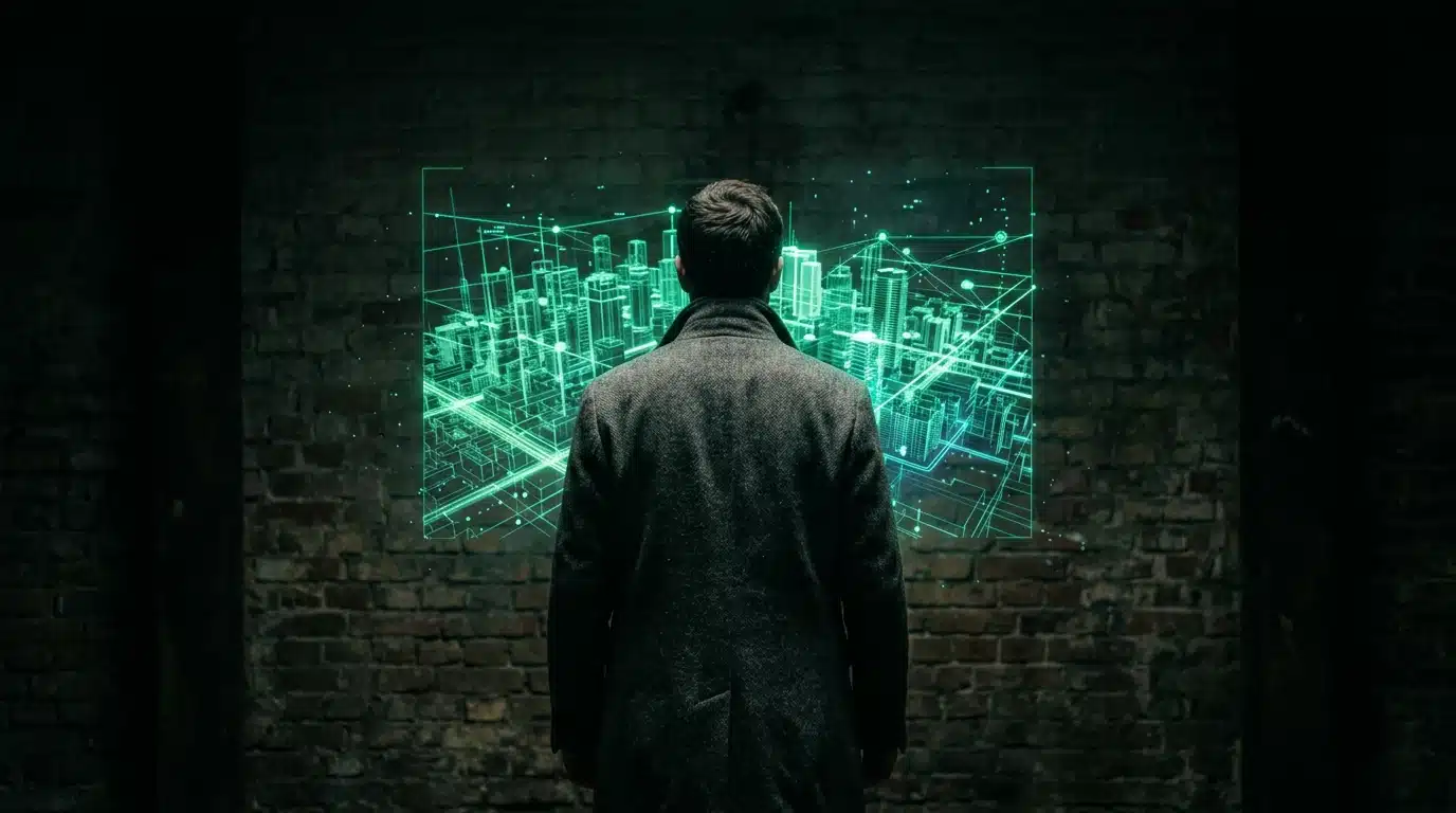 Une personne, vue de dos, examinant une projection holographique d'un réseau numérique complexe dans des tons verts froids, illustrant la réinterprétation des forces concurrentielles digitales. L'éclairage en clair-obscur crée un contraste dramatique.