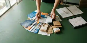 Vue de dessus d'une personne analysant des brochures concurrentielles sur une table verte, illustrant l'importance de la veille marché pour les stratégies omnicanal.