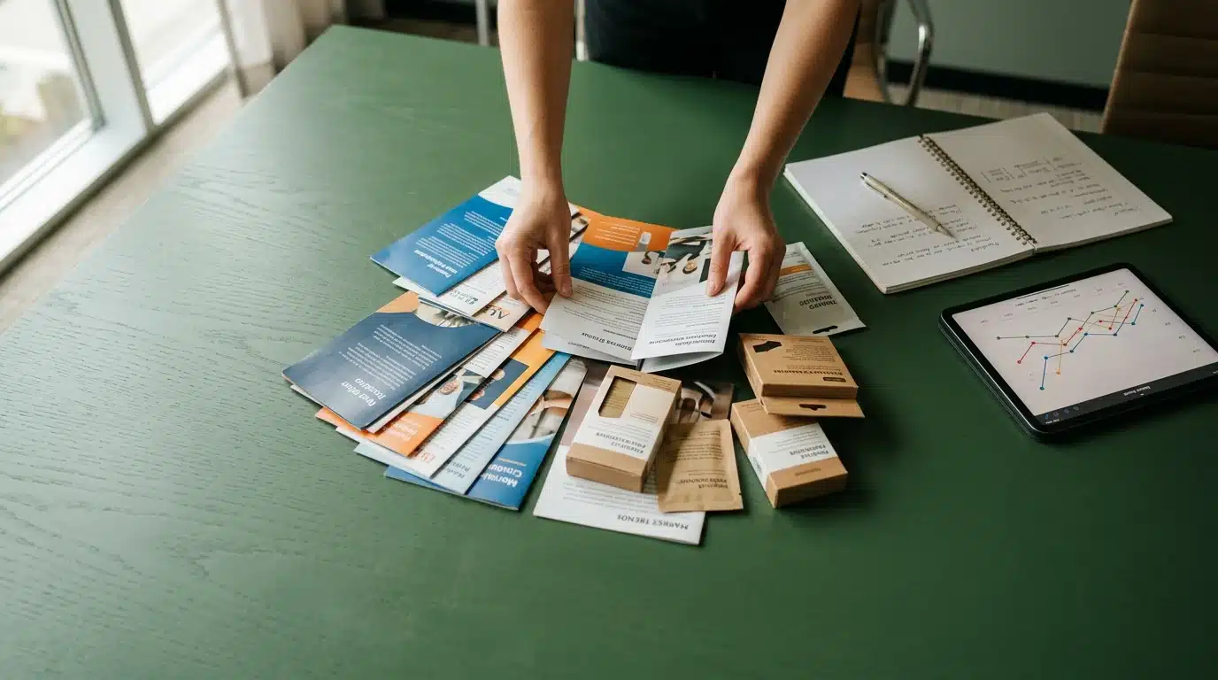 Vue de dessus d'une personne analysant des brochures concurrentielles sur une table verte, illustrant l'importance de la veille marché pour les stratégies omnicanal.