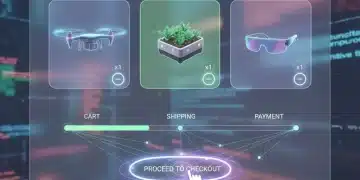 Interface e-commerce futuriste avec micro-interactions UX guidant l'utilisateur vers l'achat.