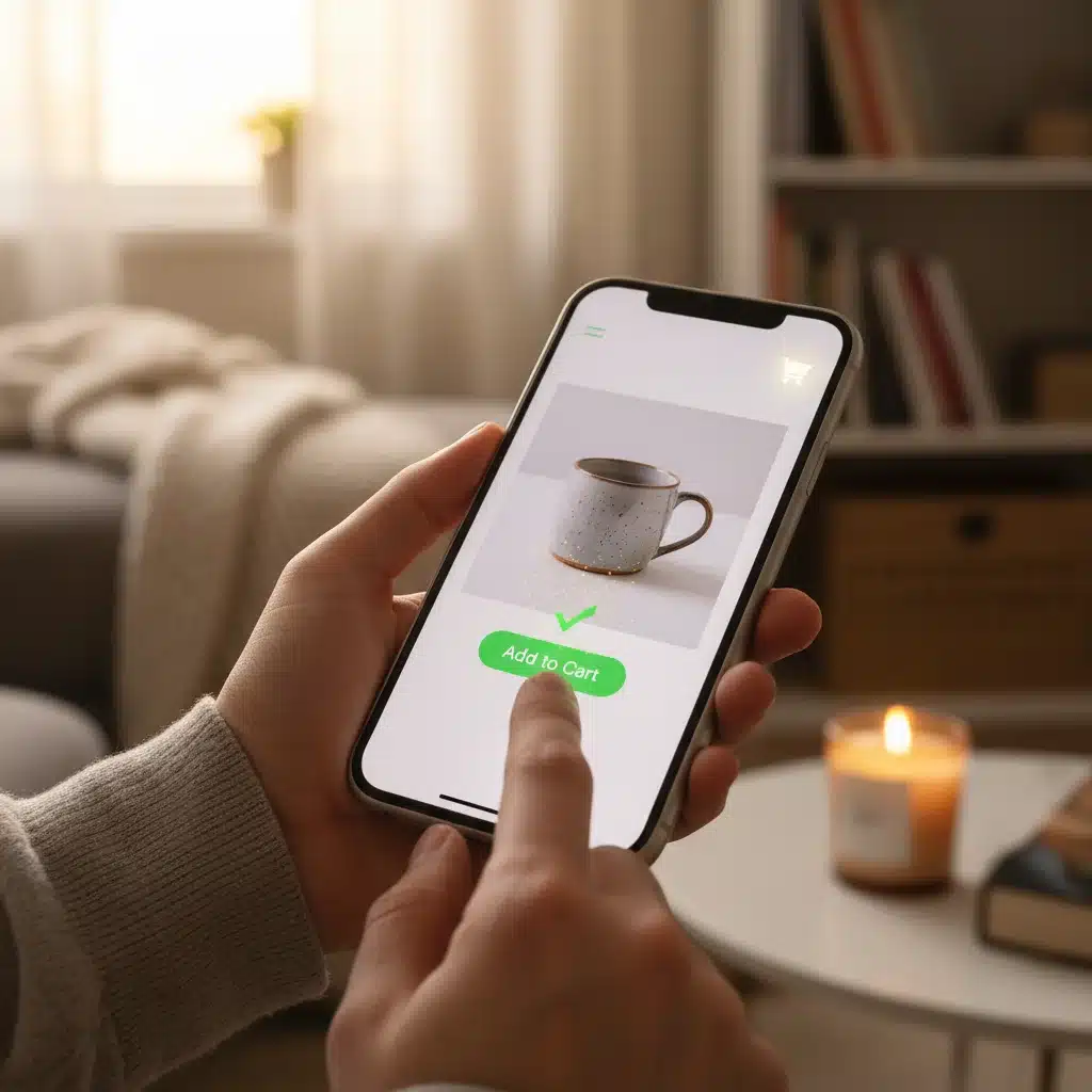 Main utilisant un smartphone avec une micro-interaction UX confirmant l'ajout au panier.