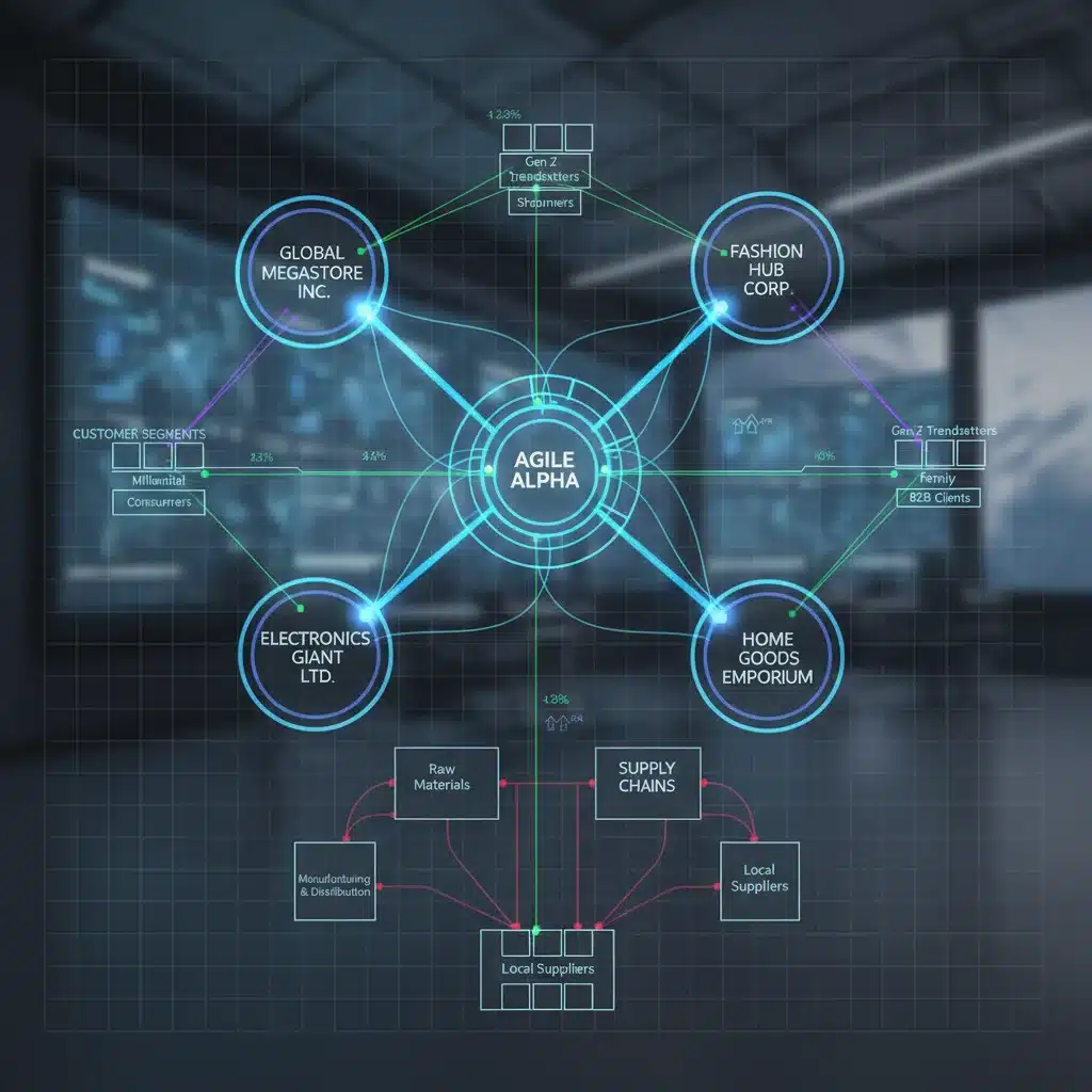 Diagramme de réseau complexe illustrant les interconnexions entre plateformes e-commerce et segments de clientèle.