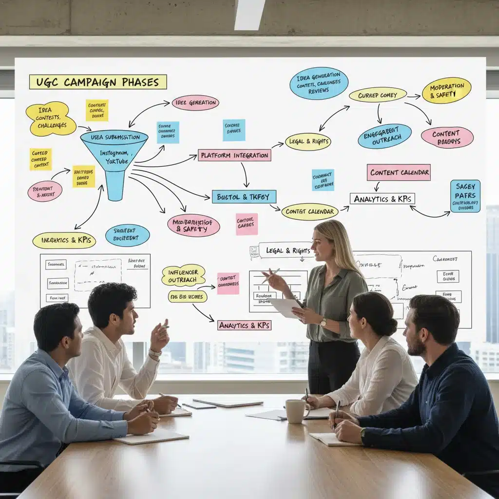 Équipe de marketing planifiant une stratégie de contenu généré par l'utilisateur sur un tableau blanc, avec des idées et des diagrammes.
