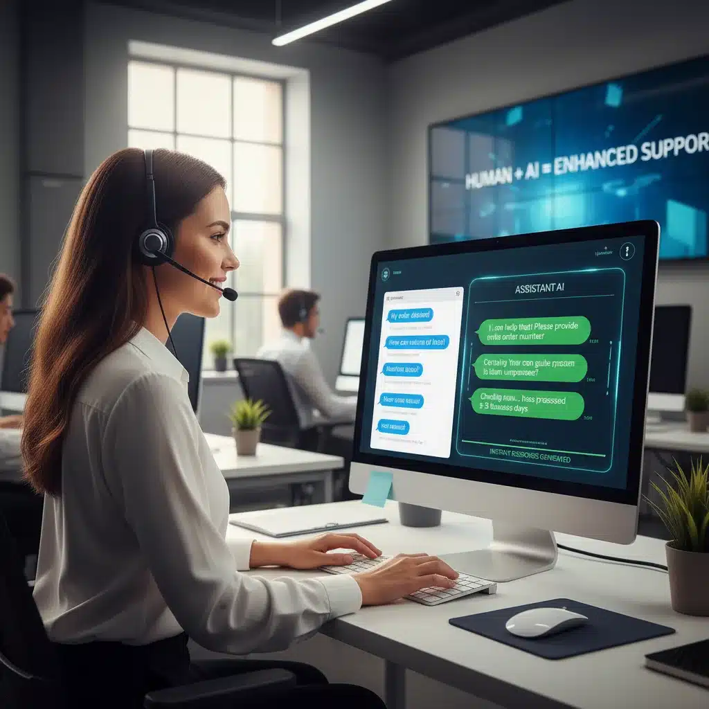 Agent de service client collaborant avec un chatbot IA pour offrir un support client rapide et efficace.