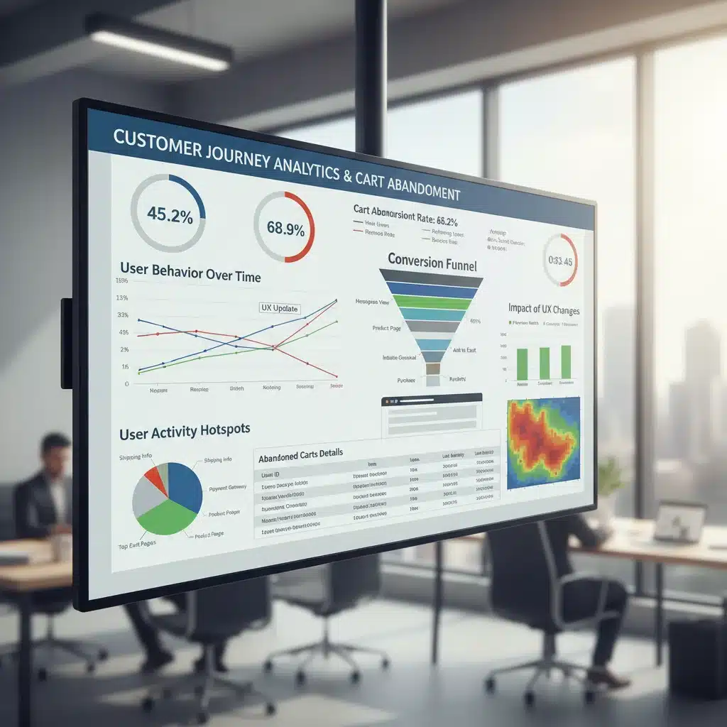 Tableau de bord d'analyse de données montrant les KPI du parcours client et les taux d'abandon de panier.