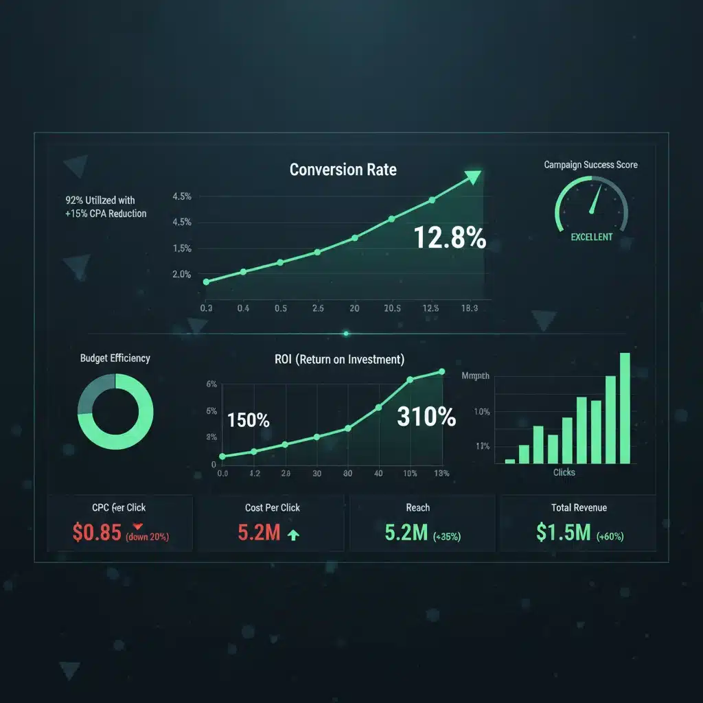 Tableau de bord de performance publicitaire avec des indicateurs clés de succès et un ROI élevé