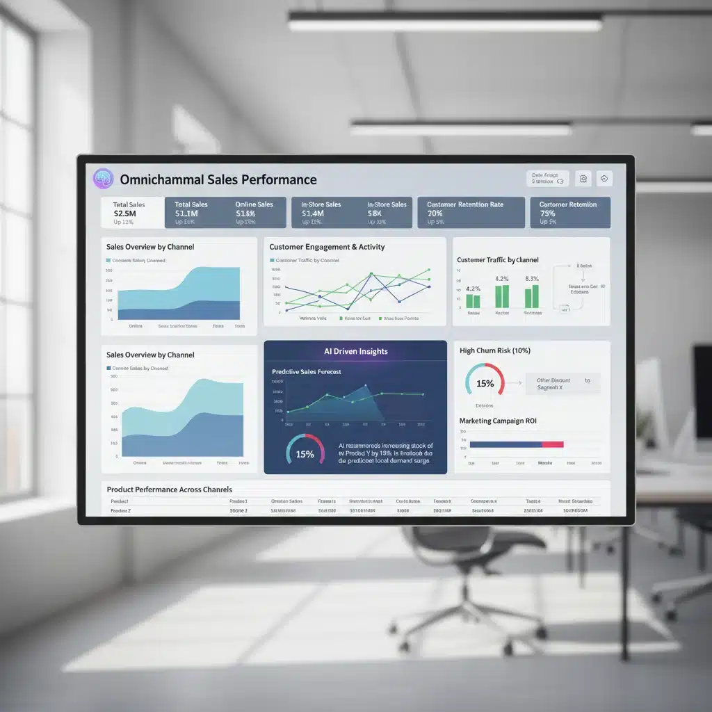 Tableau de bord unifié montrant les métriques de ventes omnicanal et les analyses basées sur l'IA pour un détaillant.