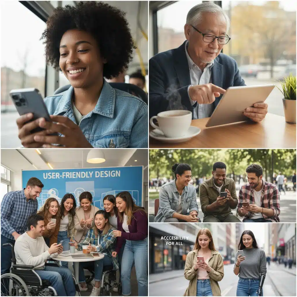 Utilisateurs diversifiés interagissant avec des interfaces mobiles intuitives et accessibles.