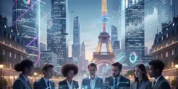 Professionnels analysant des données d'avis clients concurrents sur un écran holographique en 2026.