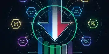 Graphique futuriste montrant l'automatisation marketing réduisant les coûts d'acquisition client pour les entreprises françaises.