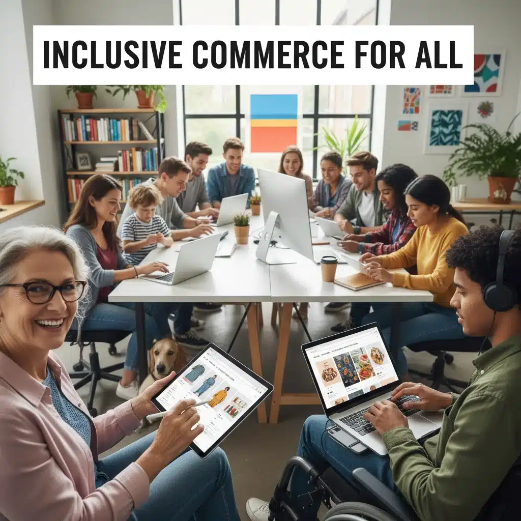 Personnes diverses utilisant des appareils numériques pour acheter en ligne, illustrant le design inclusif