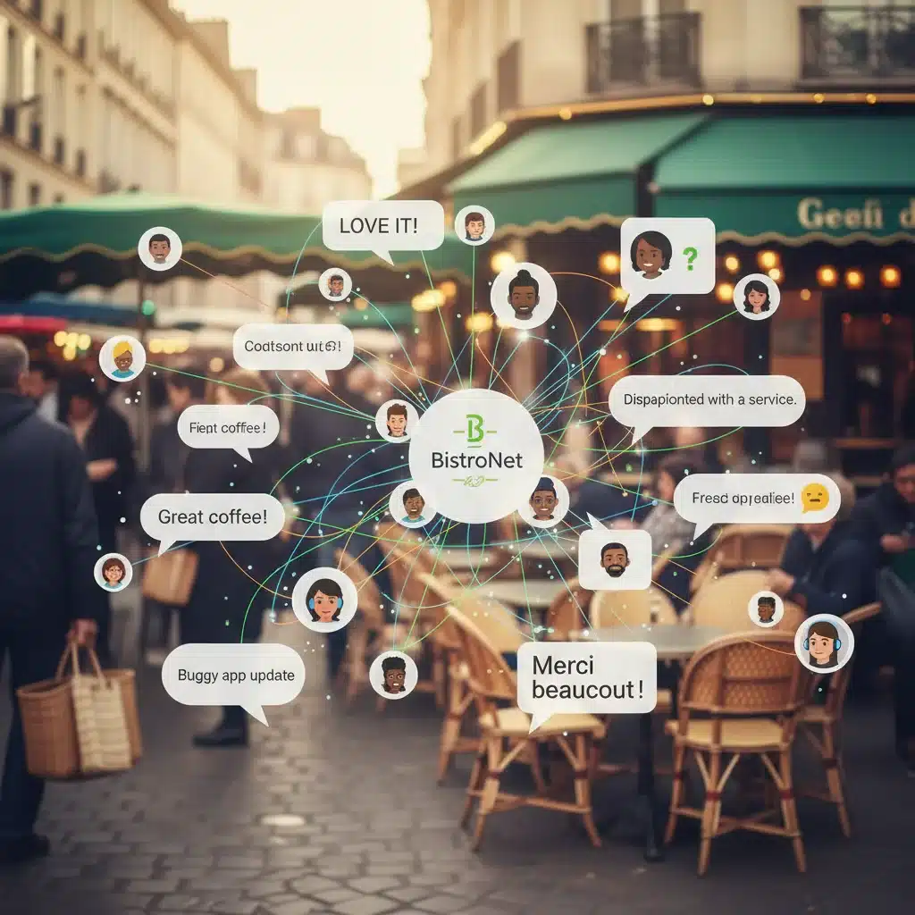 Représentation visuelle de la dynamique des avis clients en ligne et de leur impact sur les marques.
