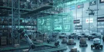Illustration d'un entrepôt futuriste gérant des stocks omnicanaux avec robots et écrans de données en temps réel