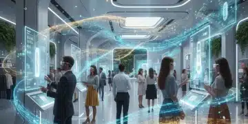 Illustration d'un écosystème de vente omnicanal futuriste intégrant l'IA pour une personnalisation client avancée.