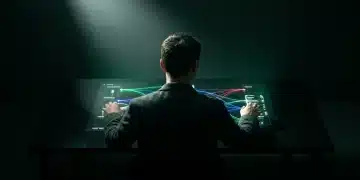 Une personne vue de dos, ajustant des fils holographiques lumineux sur une interface numérique, représentant un parcours client hyper-personnalisé sur un bureau en obsidienne polie, avec un éclairage dramatique.