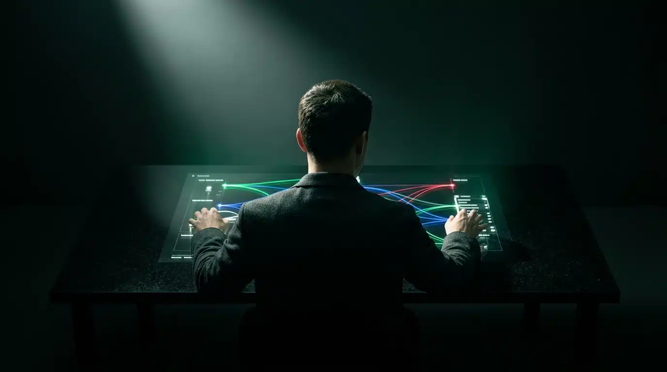 Une personne vue de dos, ajustant des fils holographiques lumineux sur une interface numérique, représentant un parcours client hyper-personnalisé sur un bureau en obsidienne polie, avec un éclairage dramatique.
