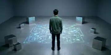 Une personne analysant une projection géométrique complexe de données cachées et de brevets sur un sol gris, illustrant l'analyse concurrentielle omnicanal.