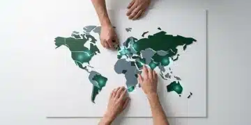 Une personne vue d'en haut arrange des formes géométriques fragmentées vertes et grises sur une surface blanche, représentant la cartographie des concurrents directs et indirects en UX.