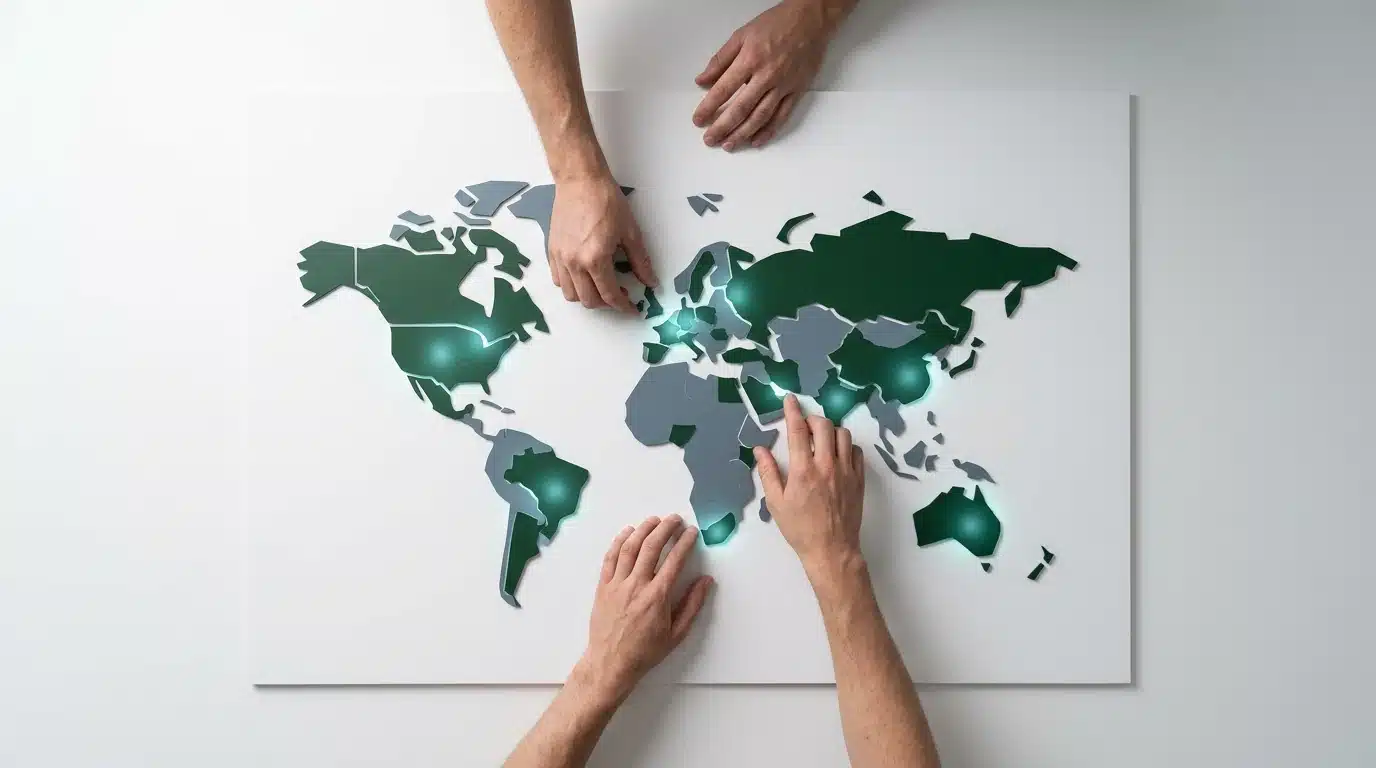 Une personne vue d'en haut arrange des formes géométriques fragmentées vertes et grises sur une surface blanche, représentant la cartographie des concurrents directs et indirects en UX.
