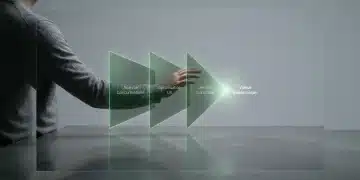 Une personne, de profil, interagissant avec trois plans géométriques lumineux et translucides, représentant l'analyse concurrentielle, l'UX et les stratégies omnicanal, fusionnant sur une surface en béton poli, symbolisant la valeur économique.