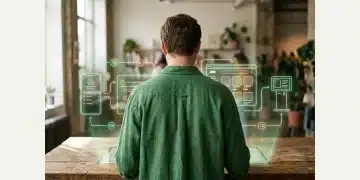 Une personne analysant une carte de parcours client omnicanal projetée sur une table en bois, illustrant l'évolution des audits ergonomiques en e-commerce.