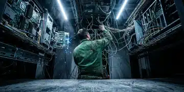 Une personne, vue de dos et portant une veste technique verte, navigue dans un réseau dense de câbles et de matériel de serveur d'IA, illustrant la complexité de l'intégration de l'intelligence artificielle dans les stratégies digitales.